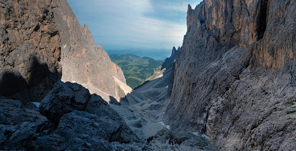 Dolomites, Italy - panorama of peaks of Sassolungo and Sasso-piatto group, Selva di Val Gardena