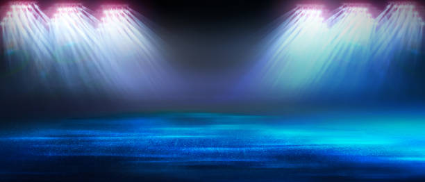 istock Dark blue backlit background. Concrete wall and floor with light, use for product display for presentation and cover banner design. 3D illustration 1551106120
