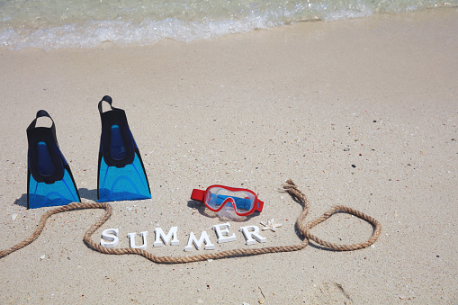 Summer background by beach with Diving glasses and Fins