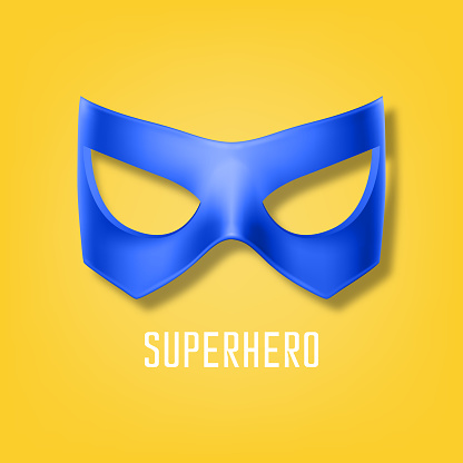 Vector Realistic Blue Super Hero Mask on Yellow Background. Face Character, Superhero Comic Book Mask Design Template. Superhero Carnival Glasses, Front View.