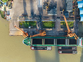 Aerial shot above a large group of raw steel at a commercial dock,shanghai,china.