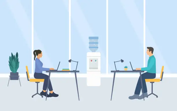 Vector illustration of Modern Office Interior With Business People Working On Laptop Computers. Side View Of Young Woman And Young Man Sitting At Desk And Working