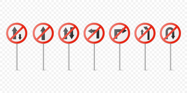 istock Vector Red and White Round Prohibition Traffic Sign with Arrow Icon Set Isolated. One Way, No Straight Ahead, Vehicles, Turn, Overtaking, U-Turn Traffic Road Plate, Sign Design Templates 1551151292