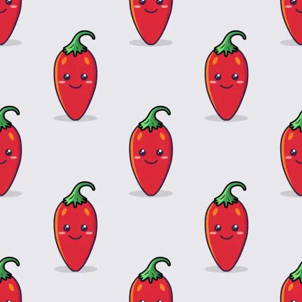 Vector illustration of Vector Seamless Pattern with Cartoon Cute and Funny Red Hot Chili Peppers. Kawaii Style. Fresh Chili Hot Pepper with Smiling Face, Happy Emotion. Vector Illustration