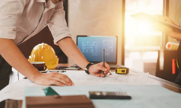 use pencil to measurement for create architecture building blueprint and structure form project. - strategy plan architecture mathematical symbol imagens e fotografias de stock