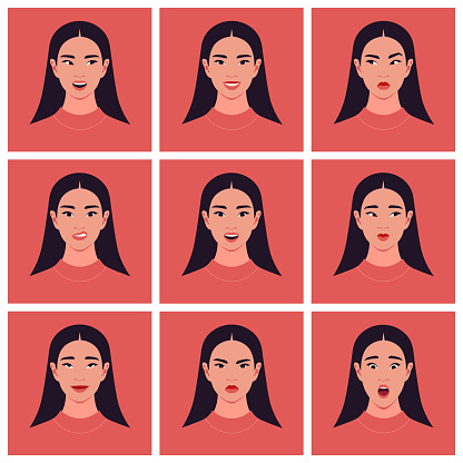 A set of Asian female faces. Various emotions and feelings. Collections of portraits. Vector flat illustration
