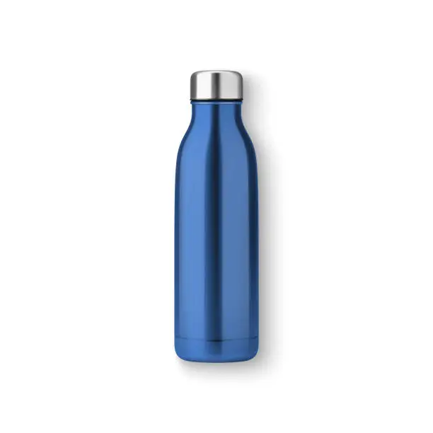 Vector illustration of Vector Realistic 3d Blue Empty Glossy Metal Reusable Water Bottle with Silver Bung Closeup Isolated. Design template of Packaging Mockup. Front, Top View