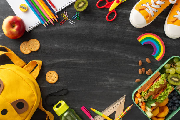 istock Balanced meal idea for schools. Top view of plastic lunch container featuring natural and healthy food, shoes, backpack, lively stationery on chalkboard backdrop with frame for text or promo content 1551175969