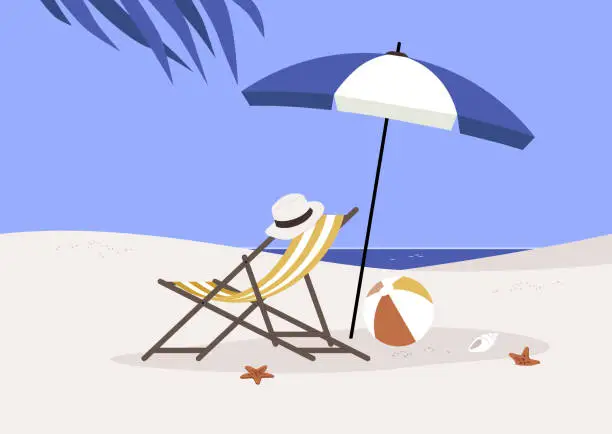 Vector illustration of A paradise beach with a deck chair made of wood and a piece of fabric, a parasol, a ball, and a coconut palm tree, summertime outdoor lifestyle