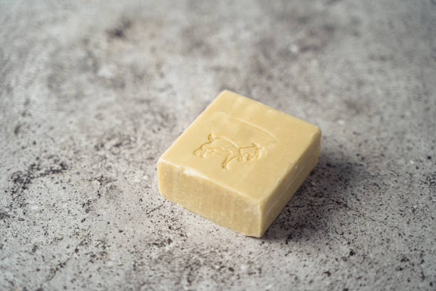 istock Goat Soap over gray background. Zero waste, natural organic bathroom tools. Plastic free life. Ecological skin care, body treatment concept. 1551197214