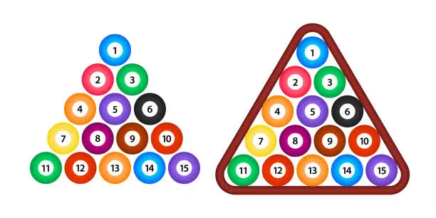 Vector illustration of Pool or American billiards balls in triangle. Snooker color balls with numbers in wooden rack for poolroom sport game symbol or championship tournament design template. Vector illustration