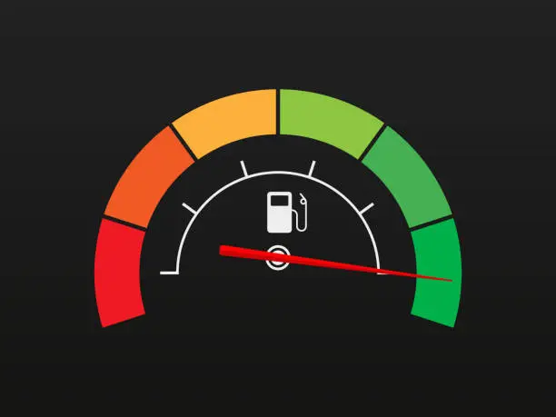 Vector illustration of Icon full fuel pressure gauge. Ð¡olor scale. Car gauge for measuring fuel consumption and control gas tank fullness. Performance measurement. Isolated on white background. Vector illustration