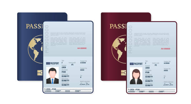 istock Foreign passports for men and women. Foreign passport with sample full name. Document for travel and immigration. Passport pages with sample data, photo and signature. Vector illustration 1551209645