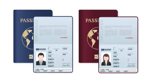 Vector illustration of Foreign passports for men and women. Foreign passport with sample full name. Document for travel and immigration. Passport pages with sample data, photo and signature. Vector illustration