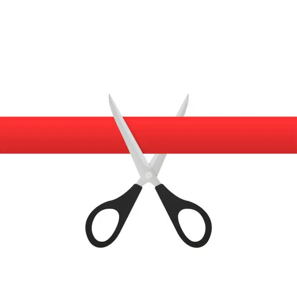 Vector illustration of Scissors cut the red ribbon, isolated on white background. Concept of opening ceremony, inauguration or presentation. Vector illustration