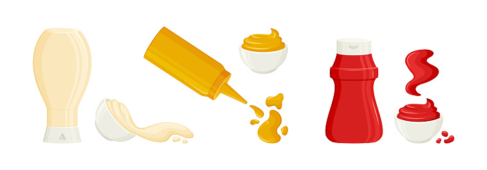 Sauce splash in bottles and bowls. Mayonnaise, mustard, tomato ketchup cartoon vector set. Various hot spice sauces spilled strips, drops and spots. Food illustration isolated on white background