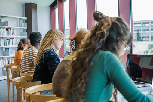 Group of students from different cultures studying in the university library