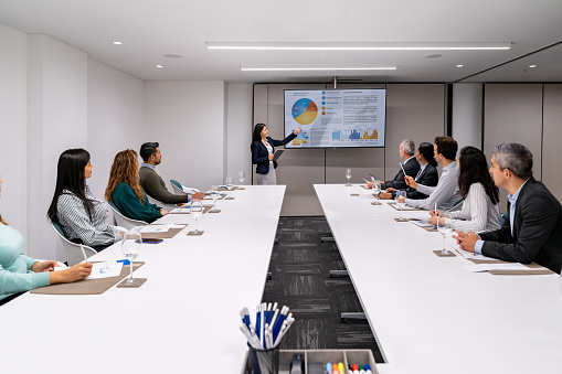 Successful Latin American businesswoman presenting a business plan to her team in a meeting at a conference room