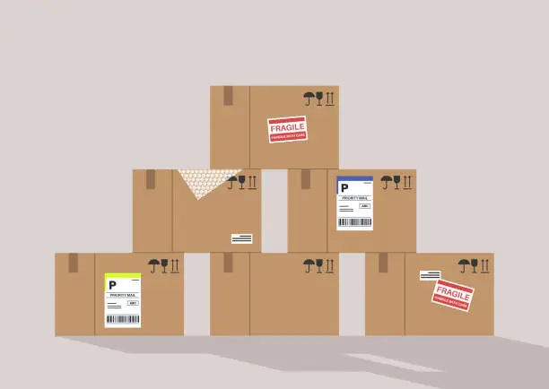 Vector illustration of A stack of cardboard boxes with labels ready to shipping, a delivery company