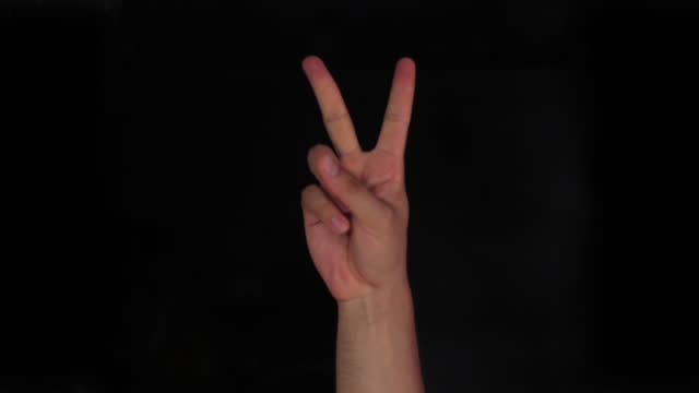 V v alphabet American sign language video demonstration in HD, American Sign Language (ASL) single-handed V v letter sign isolated on black background.