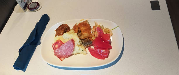 Dining Room Buffet aboard the abstract luxury cruise ship. Healthy breakfast at modern liner concept