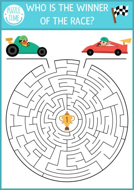 Vector illustration of Transportation maze for kids with racing cars on track. Sport transport preschool printable activity. Round geometric labyrinth game, puzzle with speedy bolides, cart. Who is winner of race