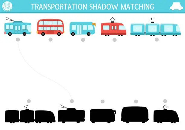 Vector illustration of Transportation shadow matching activity. Public transport puzzle with cute bus, trolleybus, tram, train. Find correct silhouette printable worksheet or game. Funny page for kids