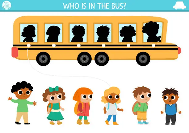 Vector illustration of Transportation shadow matching activity. Transport puzzle with cute school bus and pupils. Find correct silhouette printable worksheet or game. Funny back to school page for kids