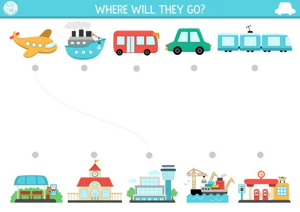 Vector illustration of Transportation matching activity with cute plane, bus, ship, train and places they go. City transport puzzle. Match the objects game. Match up page or printable worksheet with vehicles
