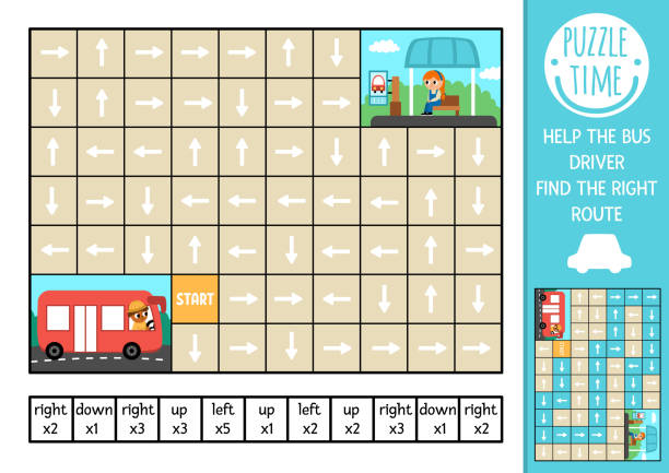버스와 대기 승객이 있는 아이들을 위한 교통 논리 미로. 운송 경쟁 유치원 인쇄 가능한 활동. 미로 게임 또는 왼쪽, 오른쪽, 위, 아래 개념의 퍼즐. 경로 찾기 - bus child waiting education stock illustrations