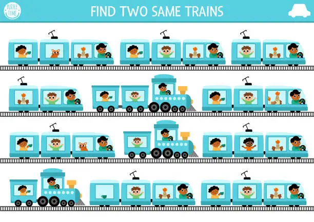 Vector illustration of Find two same trains. Transportation matching activity for children. Railway transport educational quiz worksheet for kids for attention skills. Simple printable game with cute engines