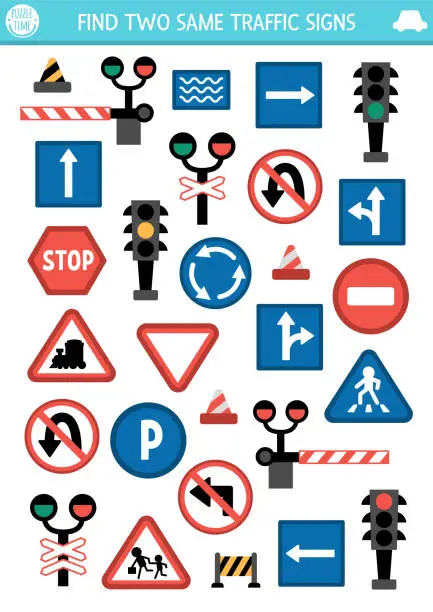 Vector illustration of Find two same road signs. Transportation matching activity for children. City traffic educational quiz worksheet for kids for attention skills. Simple printable game road rule plates