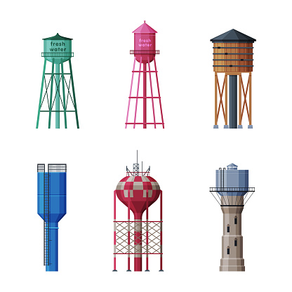 Elevated Water Tower with Tank as Water Supply Storage Vector Set. Aqua Resource Reservoir and Industrial High Metal Structure Concept