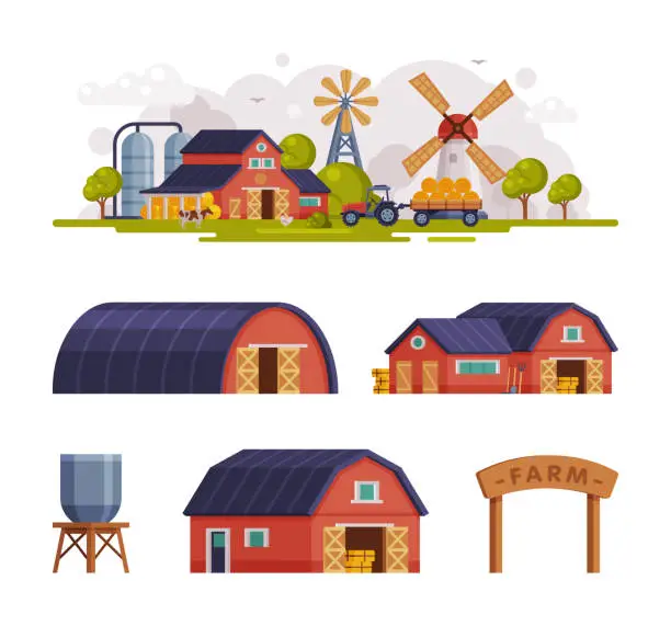 Vector illustration of Farm Object with Timbered Red Barn, Tractor and Water Tower Vector Set
