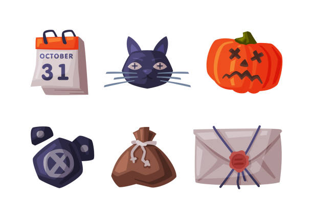 ilustraciones, imágenes clip art, dibujos animados e iconos de stock de halloween holiday scary objects and symbol vector set - santa bag