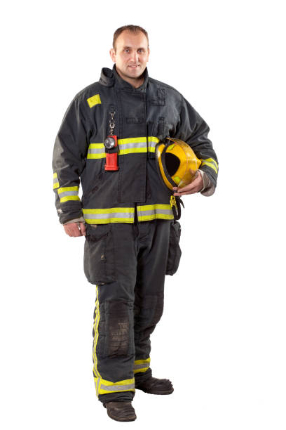 istock Full length studio shot of fireman on white background 155125639