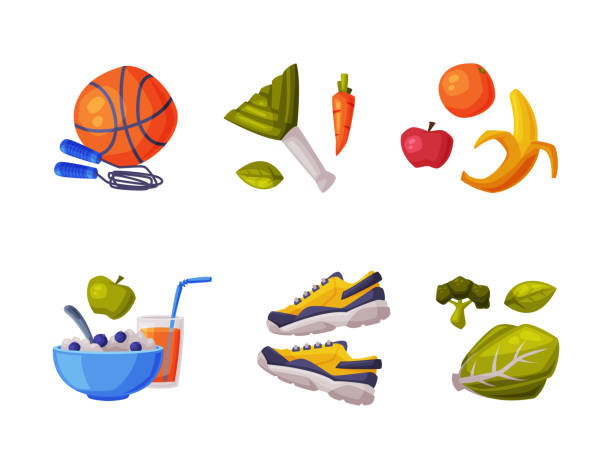 ilustraciones, imágenes clip art, dibujos animados e iconos de stock de objetos de estilo de vida saludable con frutas, verduras, zapatillas y juego de vectores de bola - vegetable basket