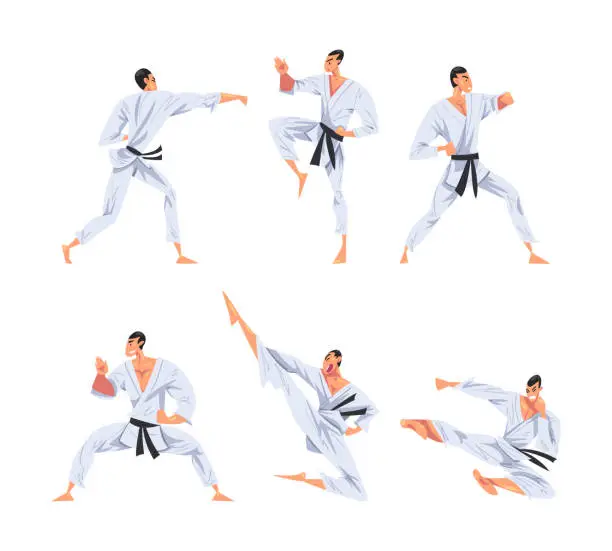 Vector illustration of Male Karate Fighter in White Kimono Practicing Martial Art Vector Set