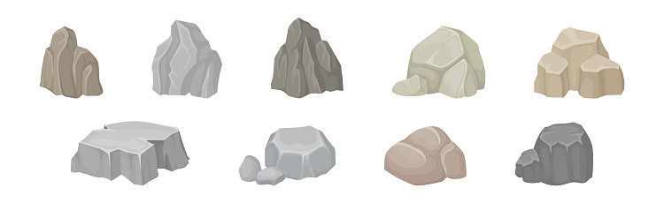 Massive Boulder and Cobble as Rock Fragment Vector Set. Solid Stone and Grey Heavy Granite as Geology Mountain Element Concept