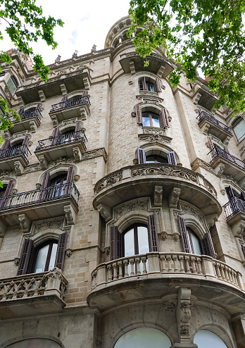 Facade of an old apartment building in the Barcelona, Catalonia, Spain at Europe