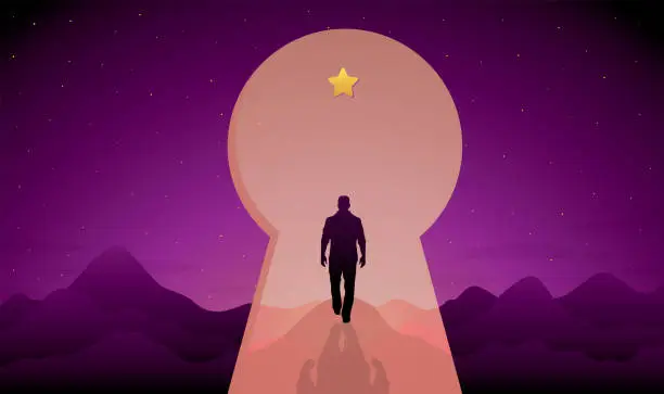 Vector illustration of A man walks through a shiny keyhole door to reach a bright star on a purple background