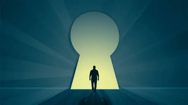 Vector illustration of Man walks towards a bright keyhole-shaped door