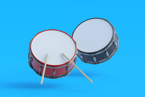 istock Flying drums with drumsticks on blue background. Percussion musical instrument. 3d render 1551275861