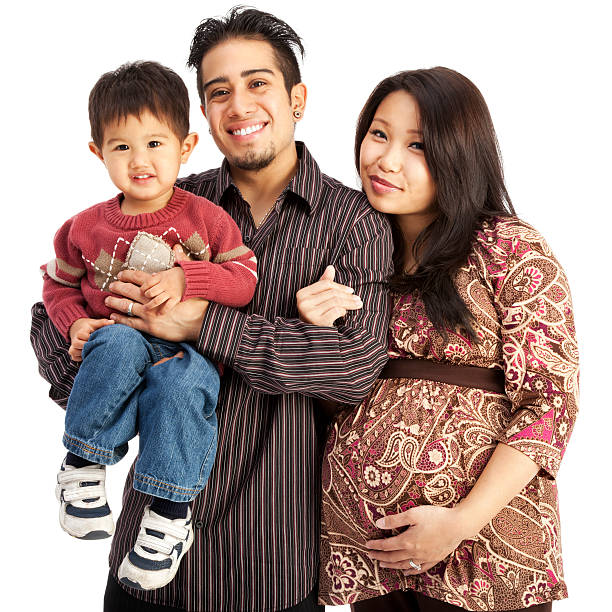 istock Mixed Race Family of Three on White 155128293