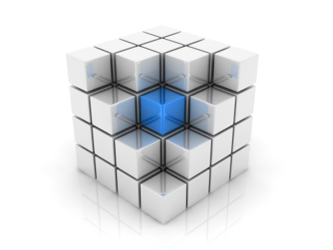 A blue cube placed observably in a group of white cubes.