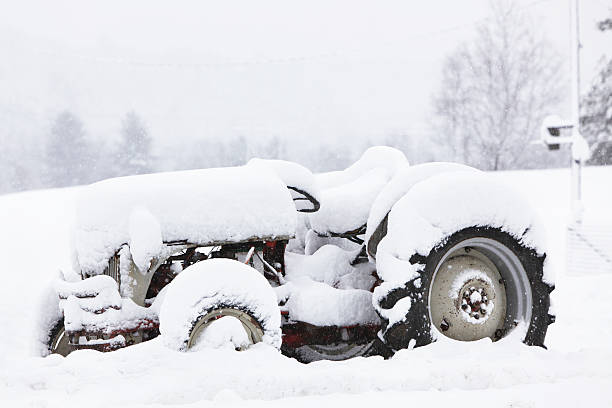 Snow covered excavators during snowfall.