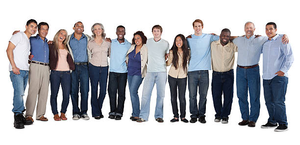 Diverse group of casual people with arms around each other