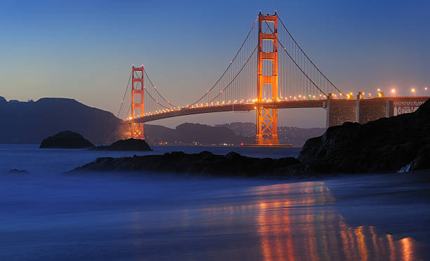 golden gate bridge o zmierzchu (xxxl - baker beach zdjęcia i obrazy z banku zdjęć