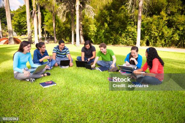 Foto de Grupo De Jovens Estudar No Campus Da Universidade e mais fotos de stock de Adolescente - Adolescente, Grupo Multiétnico, Laptop