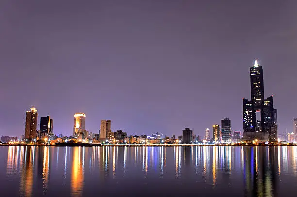 Harbor city night scene with skyscrapers and buildings in Kaohsiung, Taiwan, Asia.